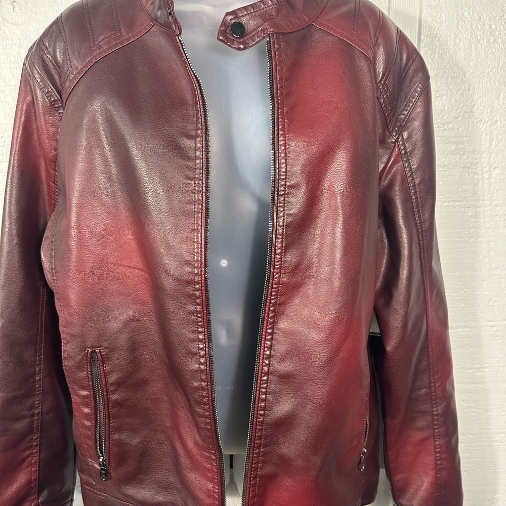 Burgundy Faux Leather Bomber Jacket No Size See Measurements EUC - Picture 6 of 11